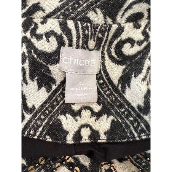 Chicos Soft Black & White Print Jacket Blazer Gold Accents, Faux Leather Trim - Picture 7 of 9